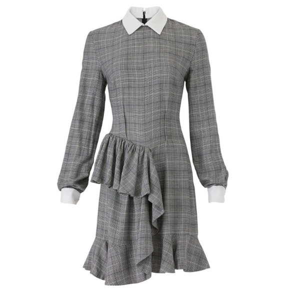 Petersyn Grey Plaid Collared Long Sleeve Ruffle Carter Dress Size L - Picture 2 of 11